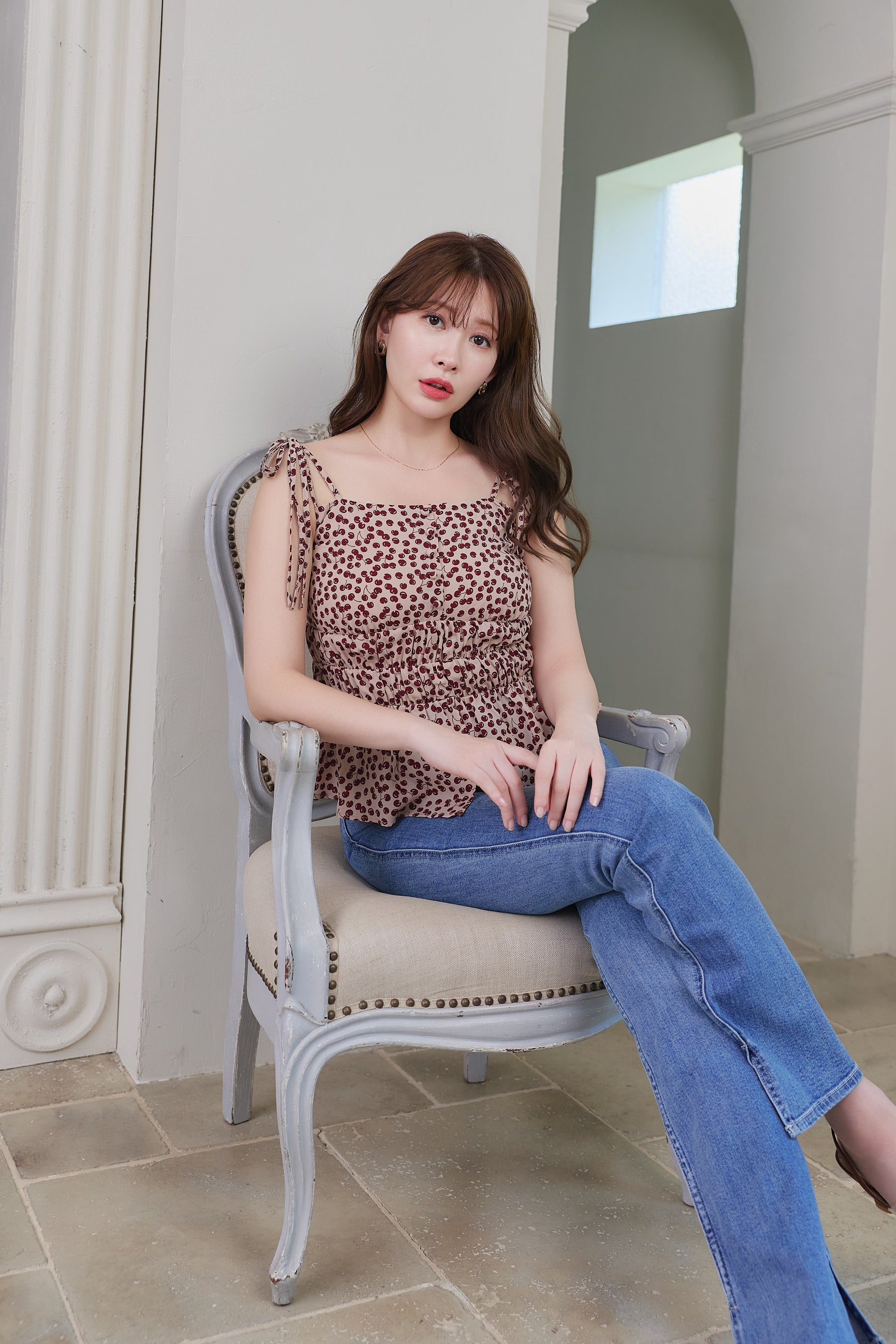 [New Color] Cherry Pattern Strap Top