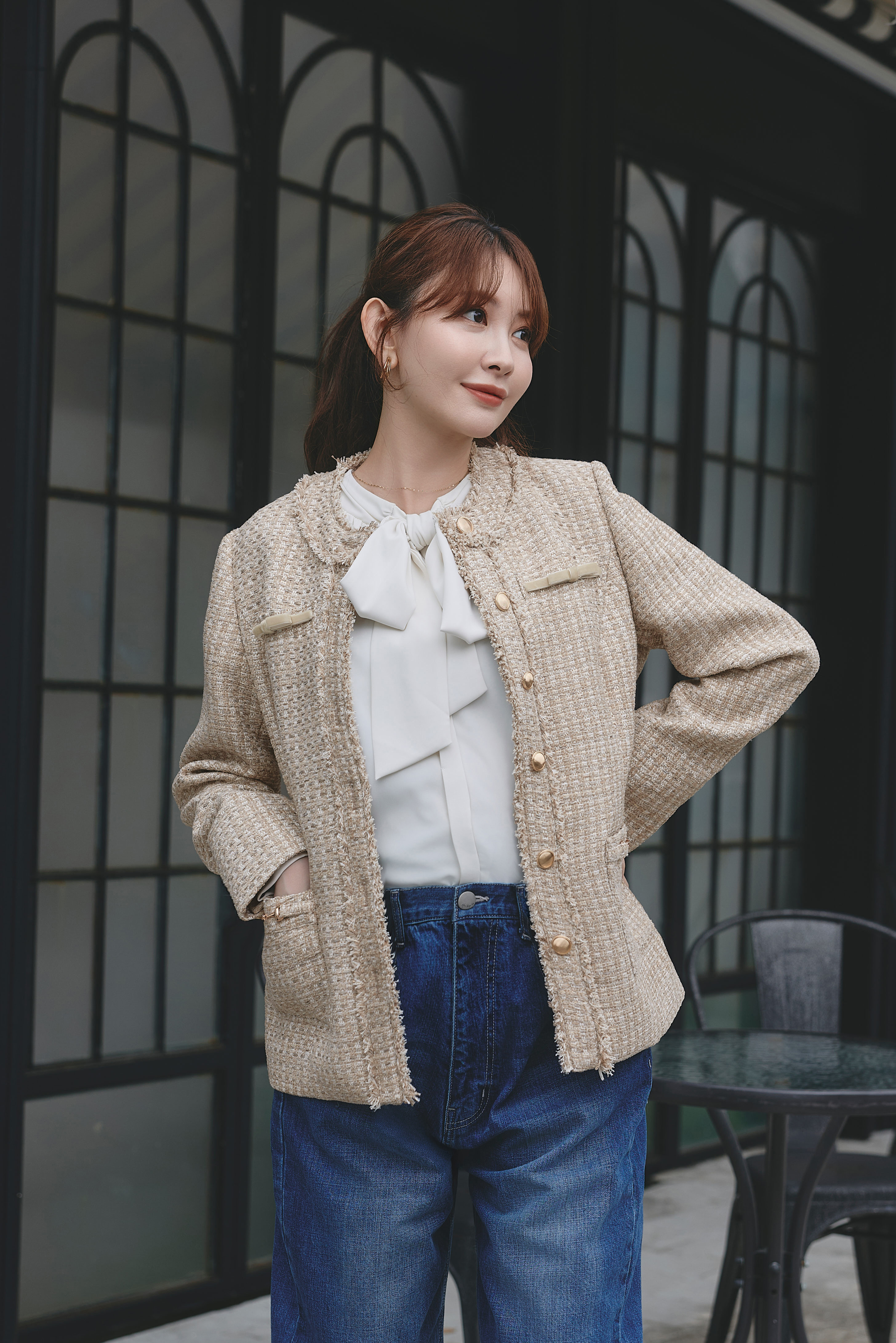 Ribbon-Pocket Long Tweed Jacket