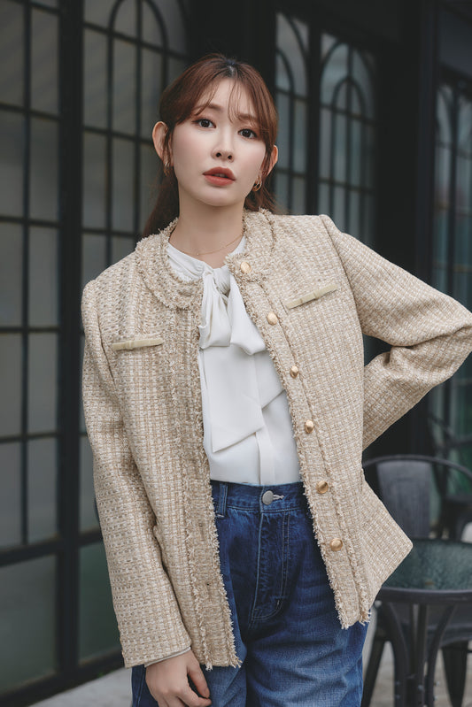 Ribbon-Pocket Long Tweed Jacket