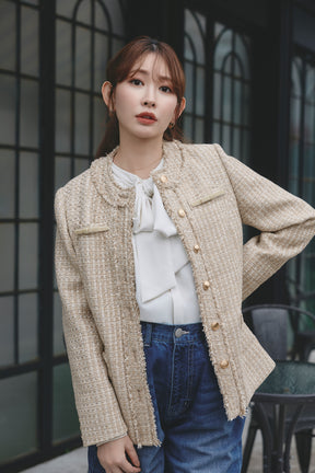 Ribbon-Pocket Long Tweed Jacket