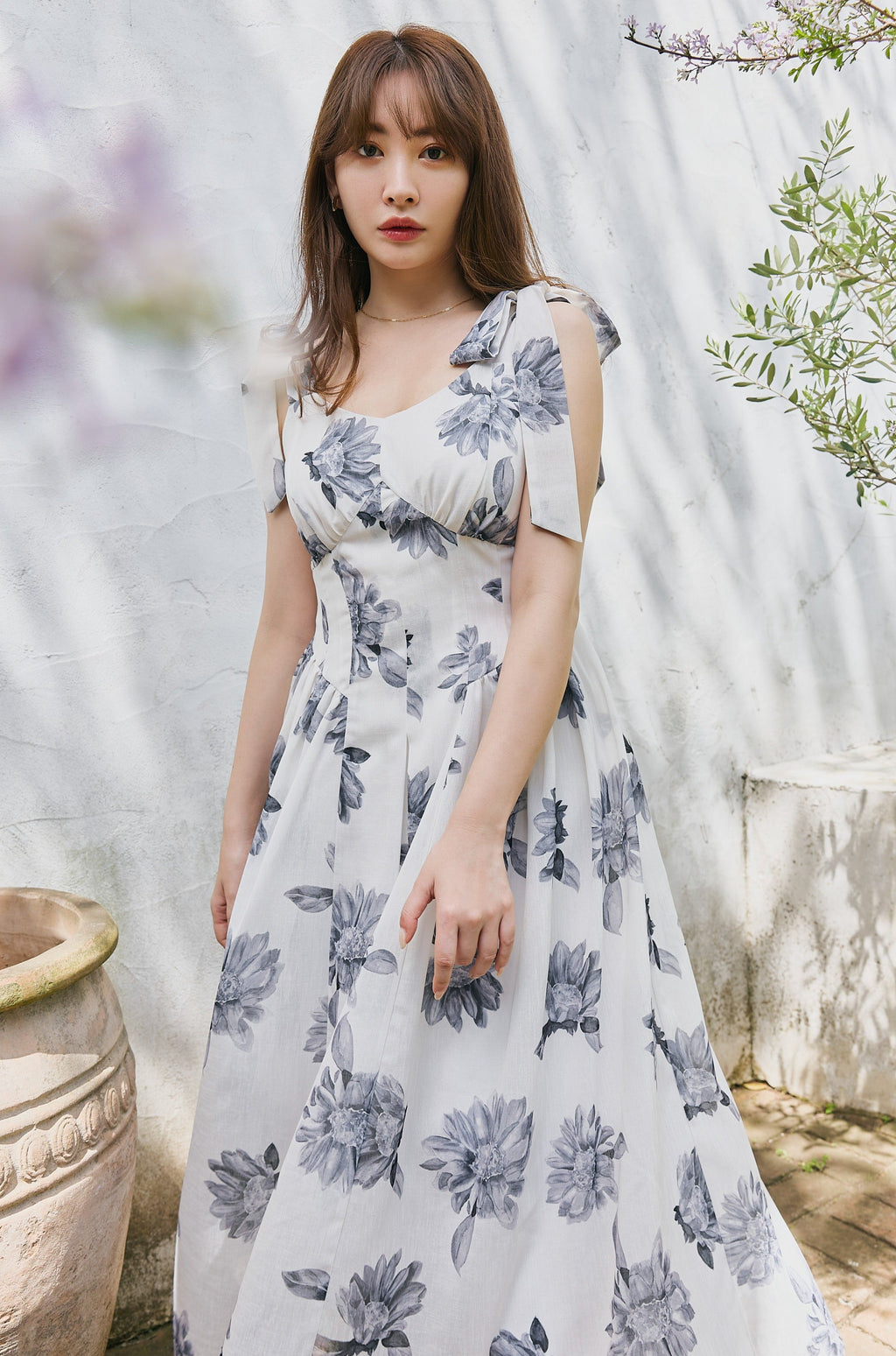 7月中旬発送】【pearl white / sky】Sunflower-Printed Midi Dress