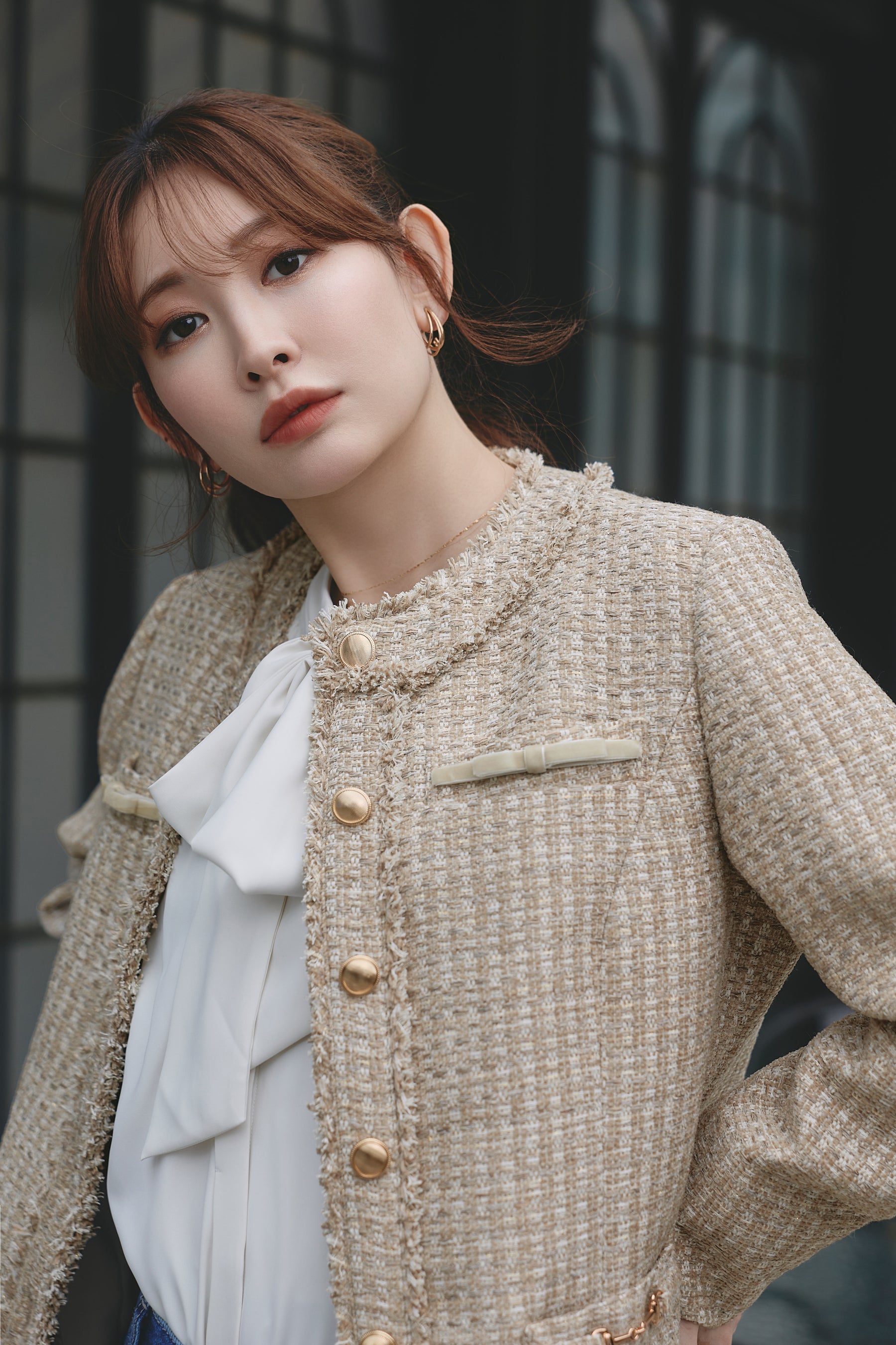 Ribbon-Pocket Long Tweed Jacket