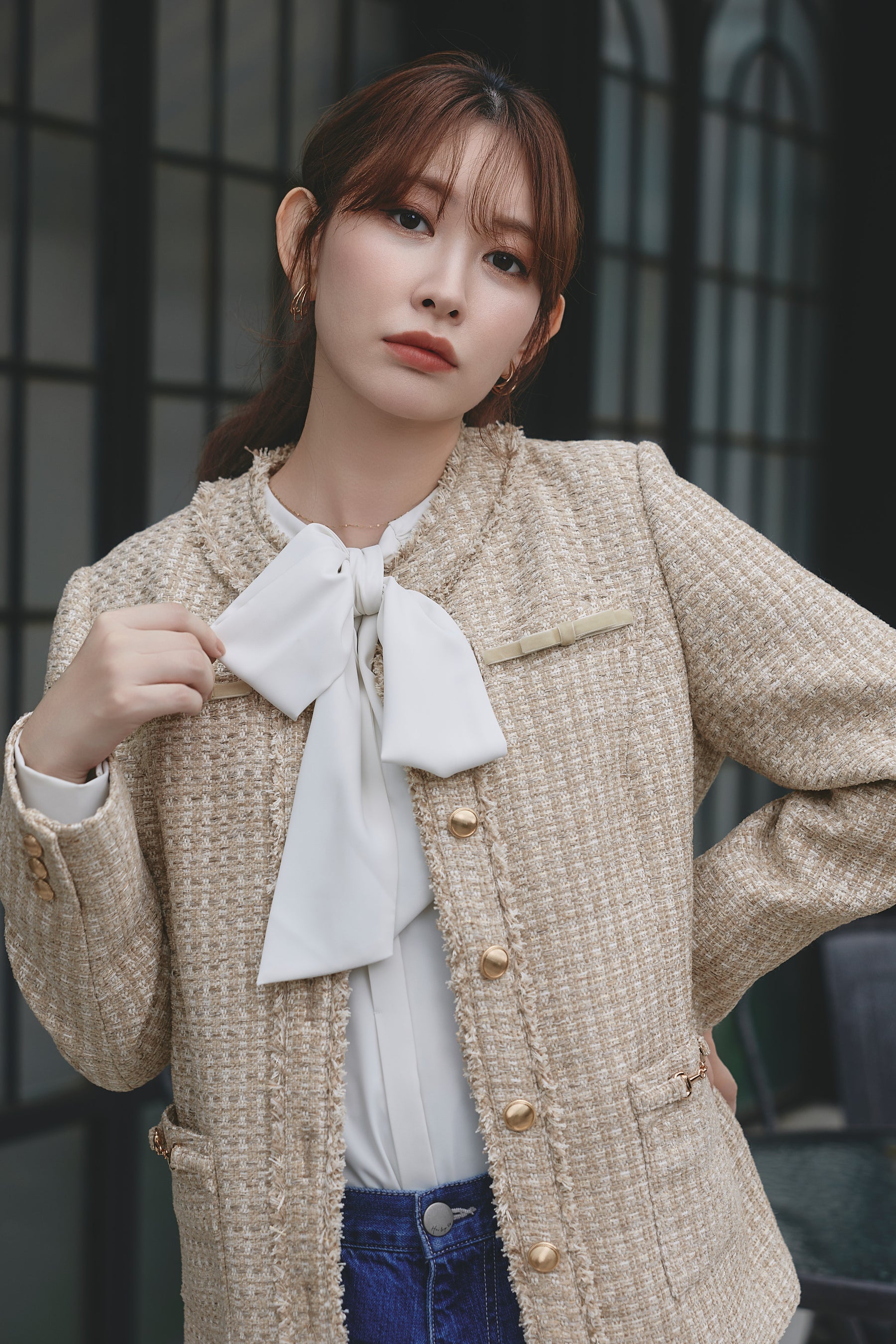 Ribbon-Pocket Long Tweed Jacket