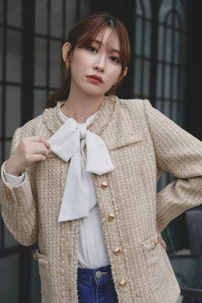 Ribbon-Pocket Long Tweed Jacket