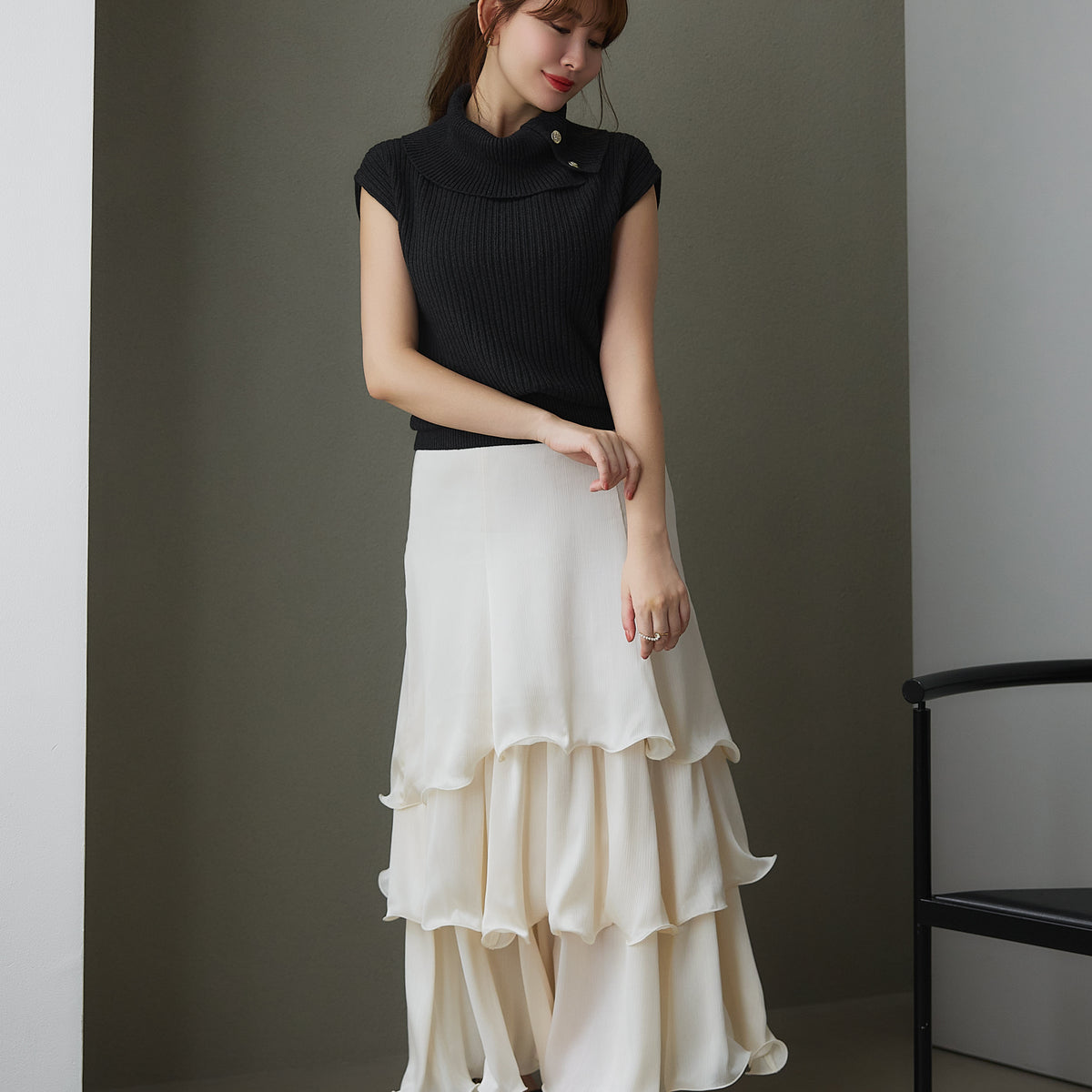 スカート ounce / Double layered satin skirt 8月下旬発送】Layered Frilled Satin Skirt