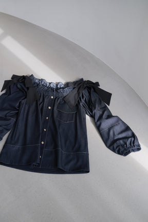 Side-Ribbon Denim Top