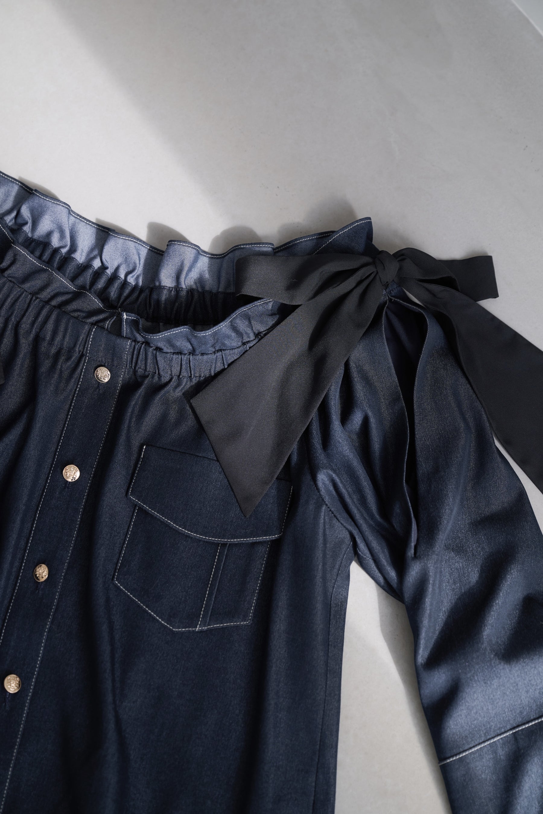 Side-Ribbon Denim Top