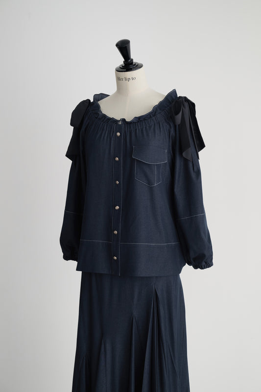 Side-Ribbon Denim Top