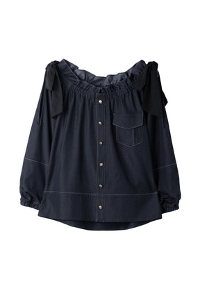 Side-Ribbon Denim Top