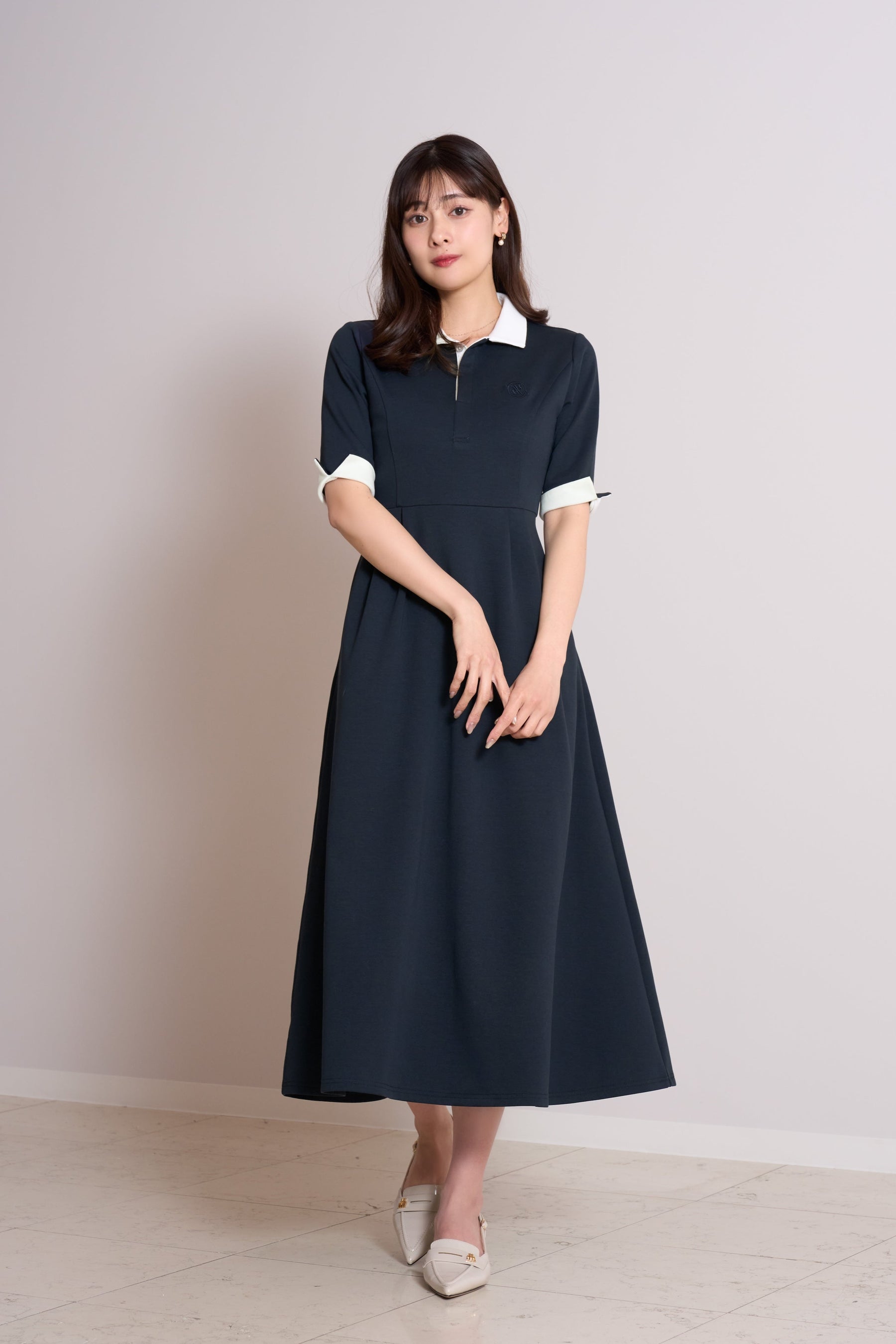 【5月上旬発送】【navy】Polo Tuck Flared Dress