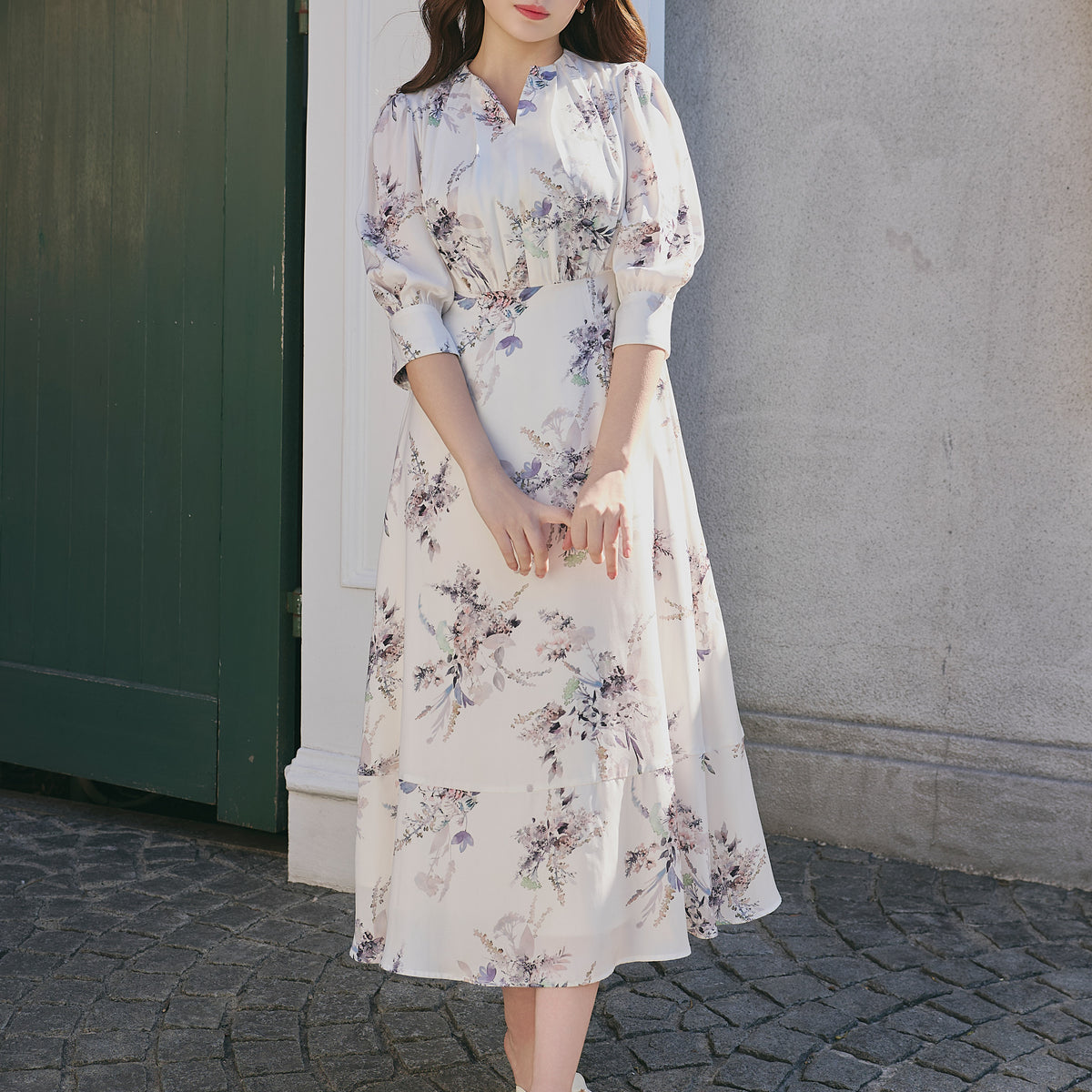 French Bouquet Puff Sleeve Dress