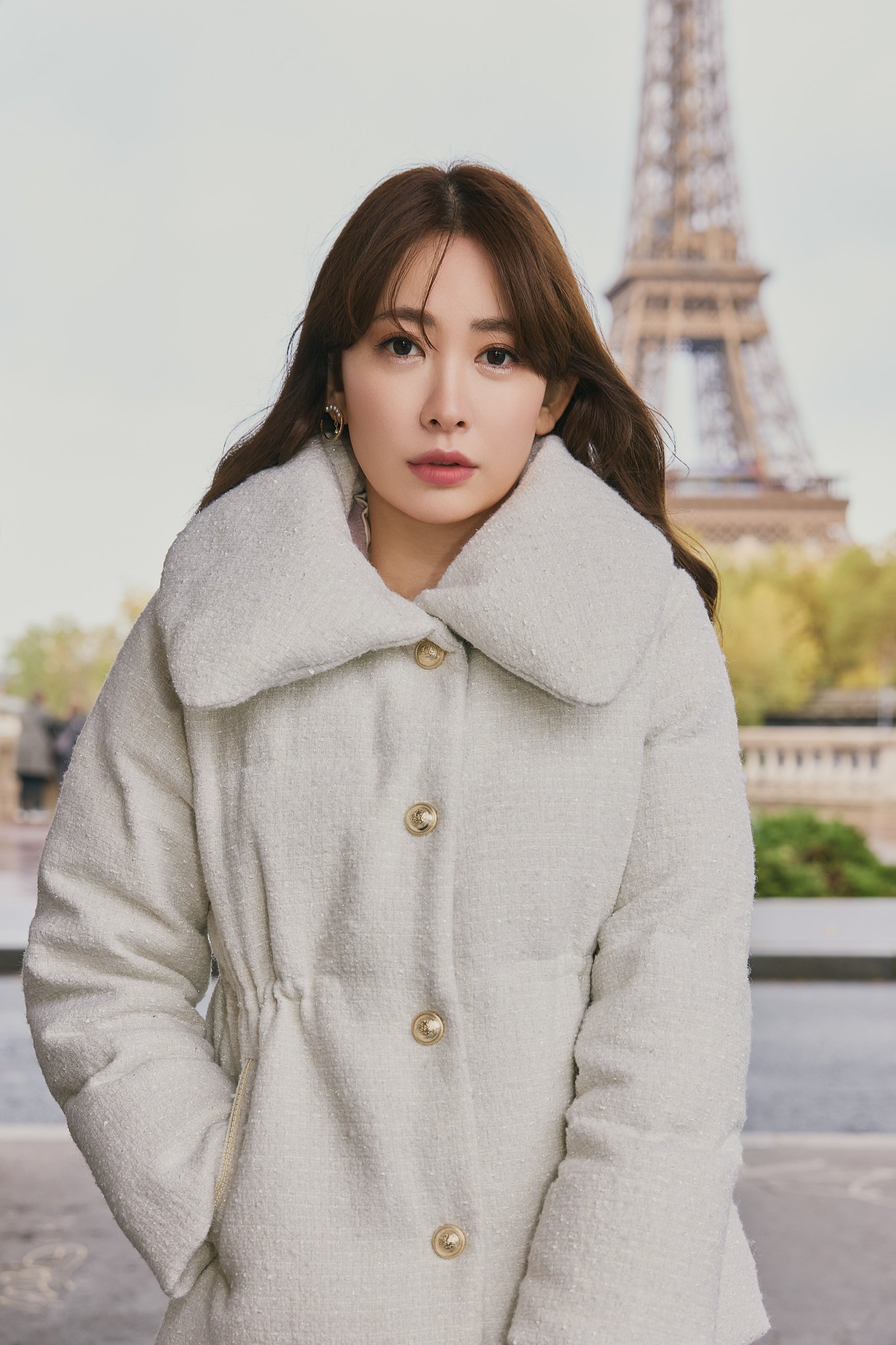 Gold-Button Tweed Down Jacket