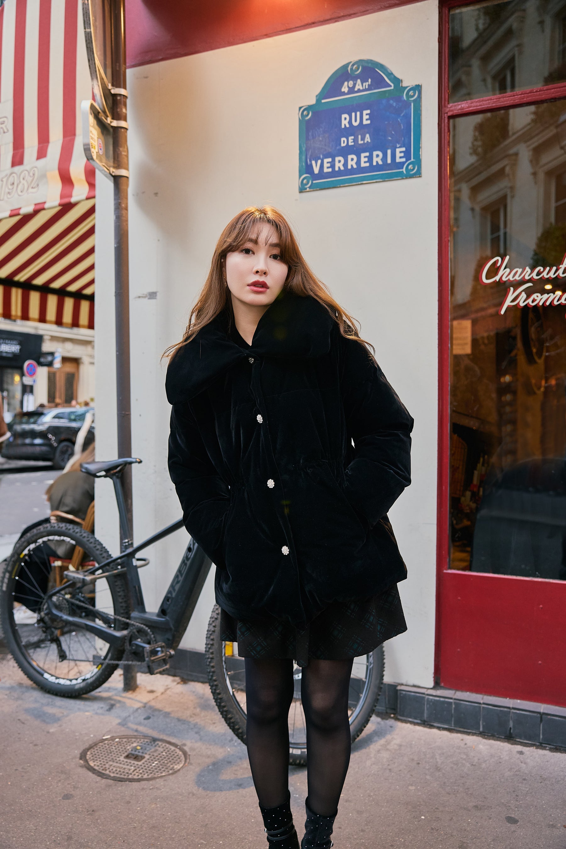 Bijou-Button Velour Down Jacket