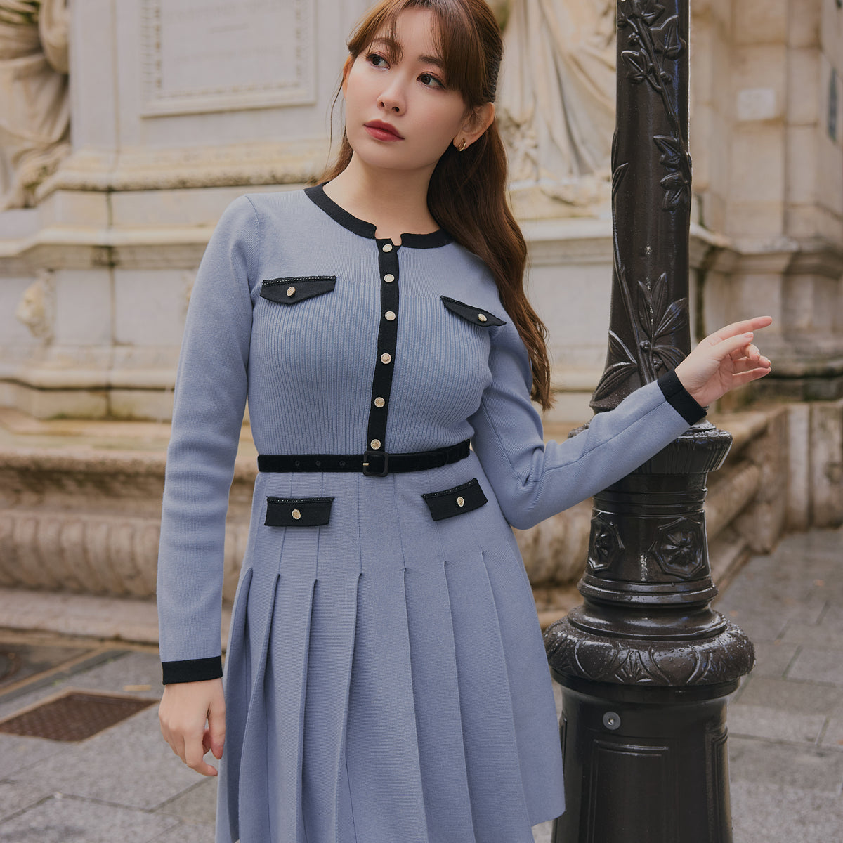 2月上旬発送】【oxford blue】Gabrielle Belted Knit Dress