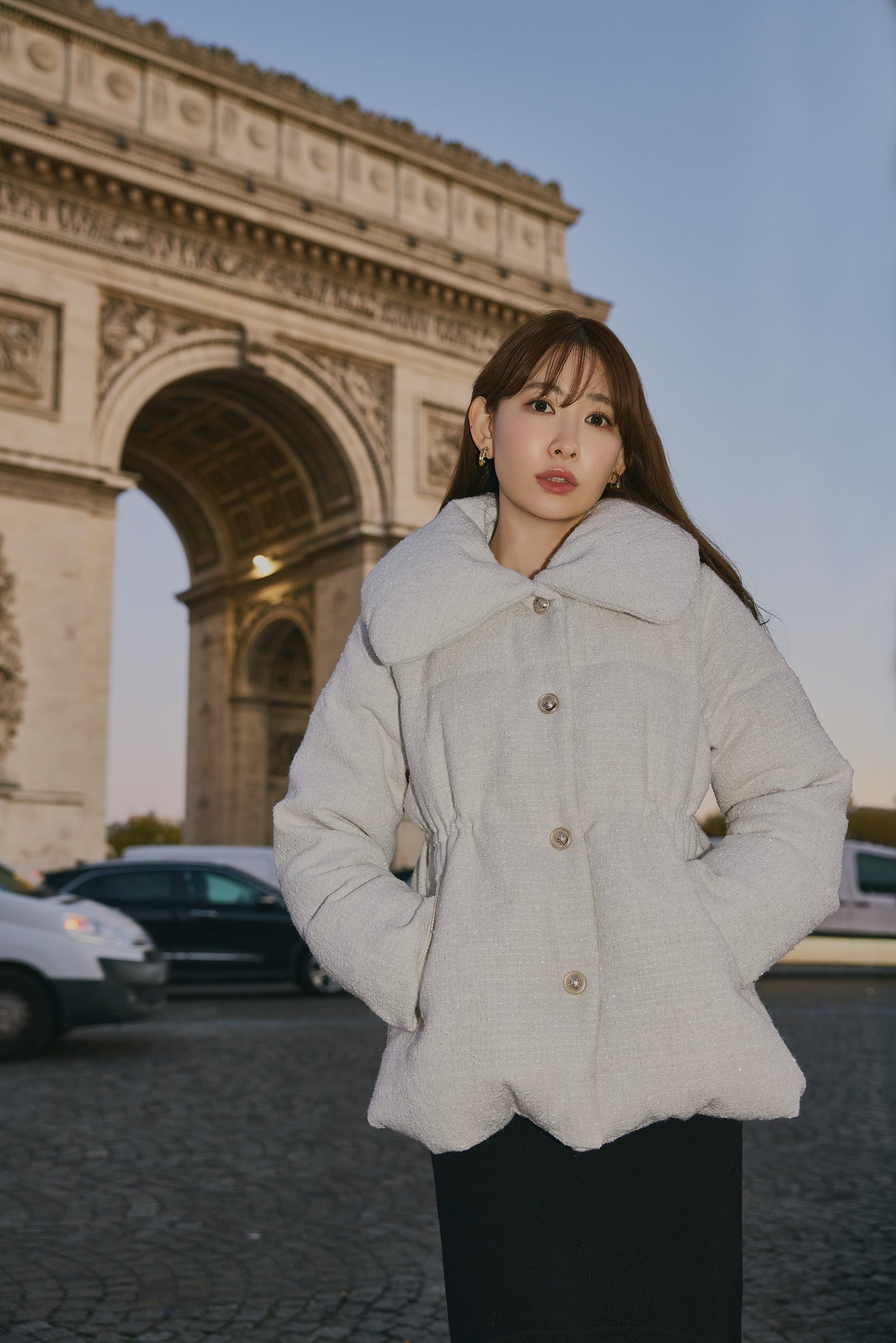 Gold-Button Tweed Down Jacket