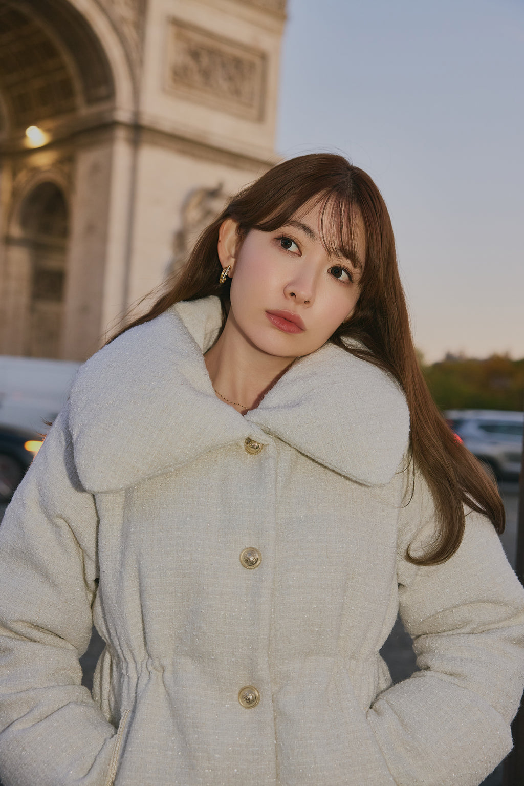 Gold-Button Tweed Down Jacket