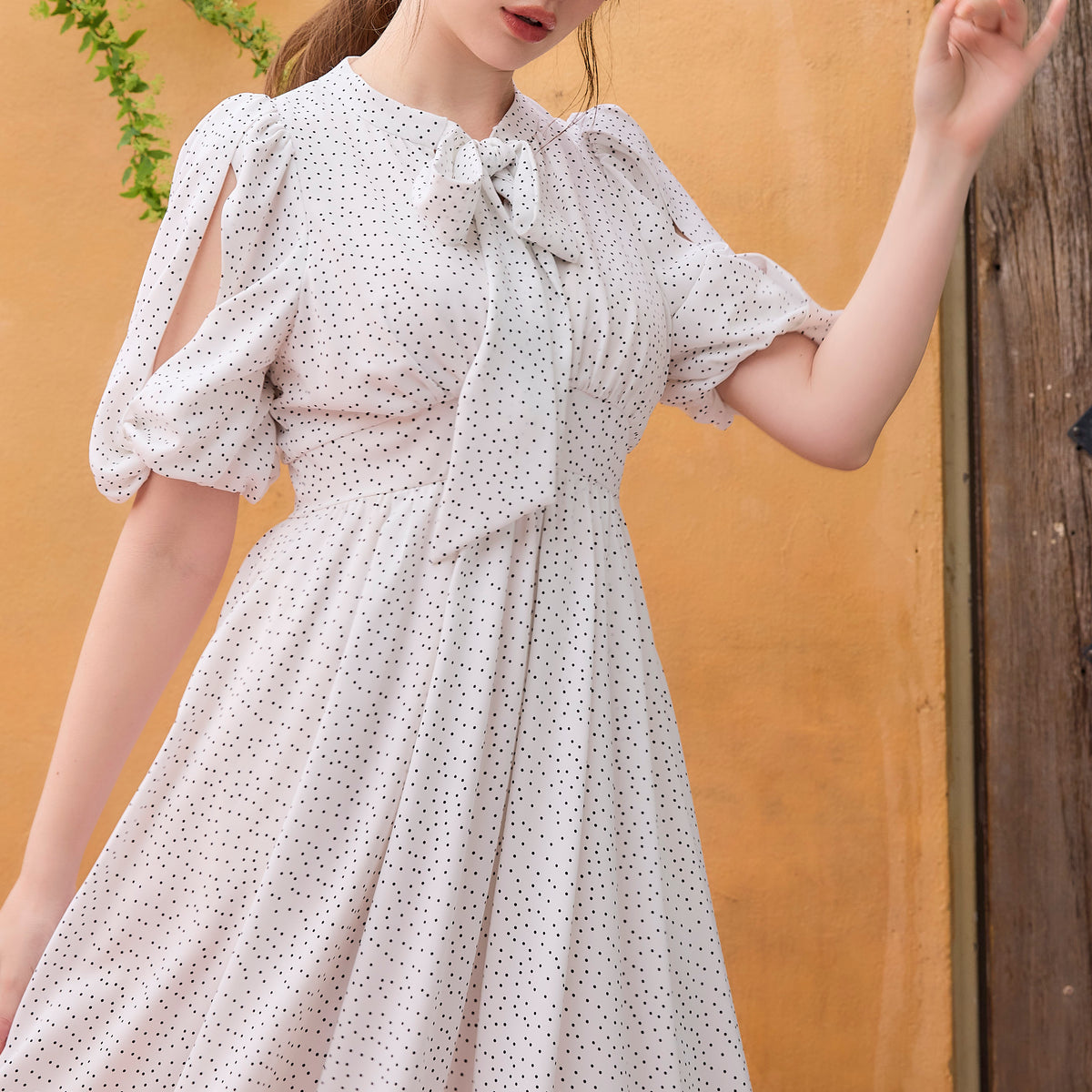 Polka-Dot Open Shoulder Dress