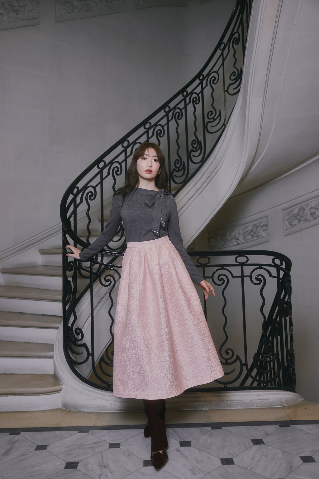 powder pink】Dot Jacquard Flared Skirt