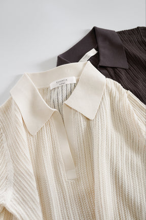 ［Essentia］Pointelle-Knit Polo Top