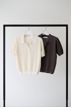 ［Essentia］Pointelle-Knit Polo Top