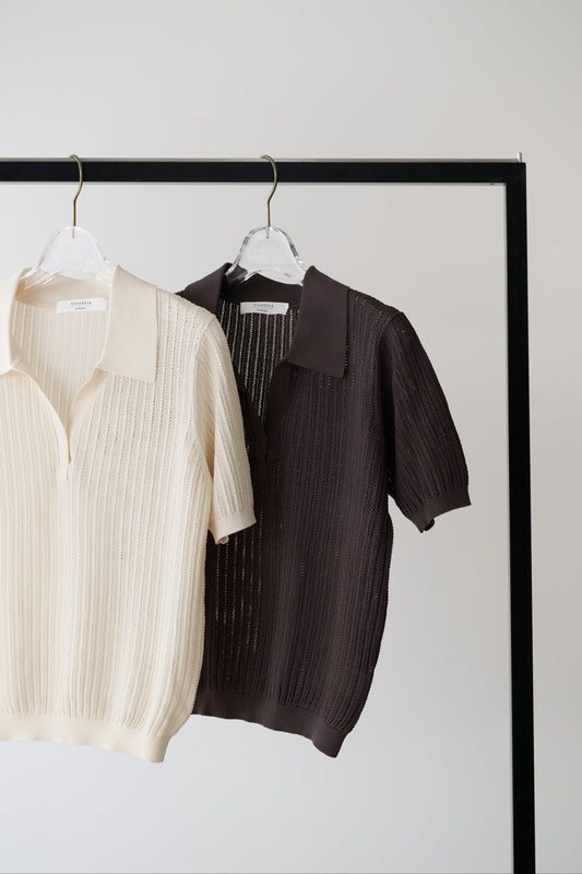 ［Essentia］Pointelle-Knit Polo Top