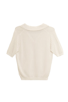 ［Essentia］Pointelle-Knit Polo Top