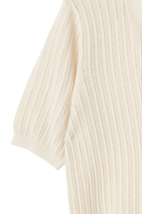 ［Essentia］Pointelle-Knit Polo Top