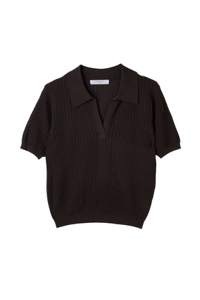 ［Essentia］Pointelle-Knit Polo Top