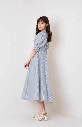 【6月下旬発送】Volume Sleeve Stripe Dress