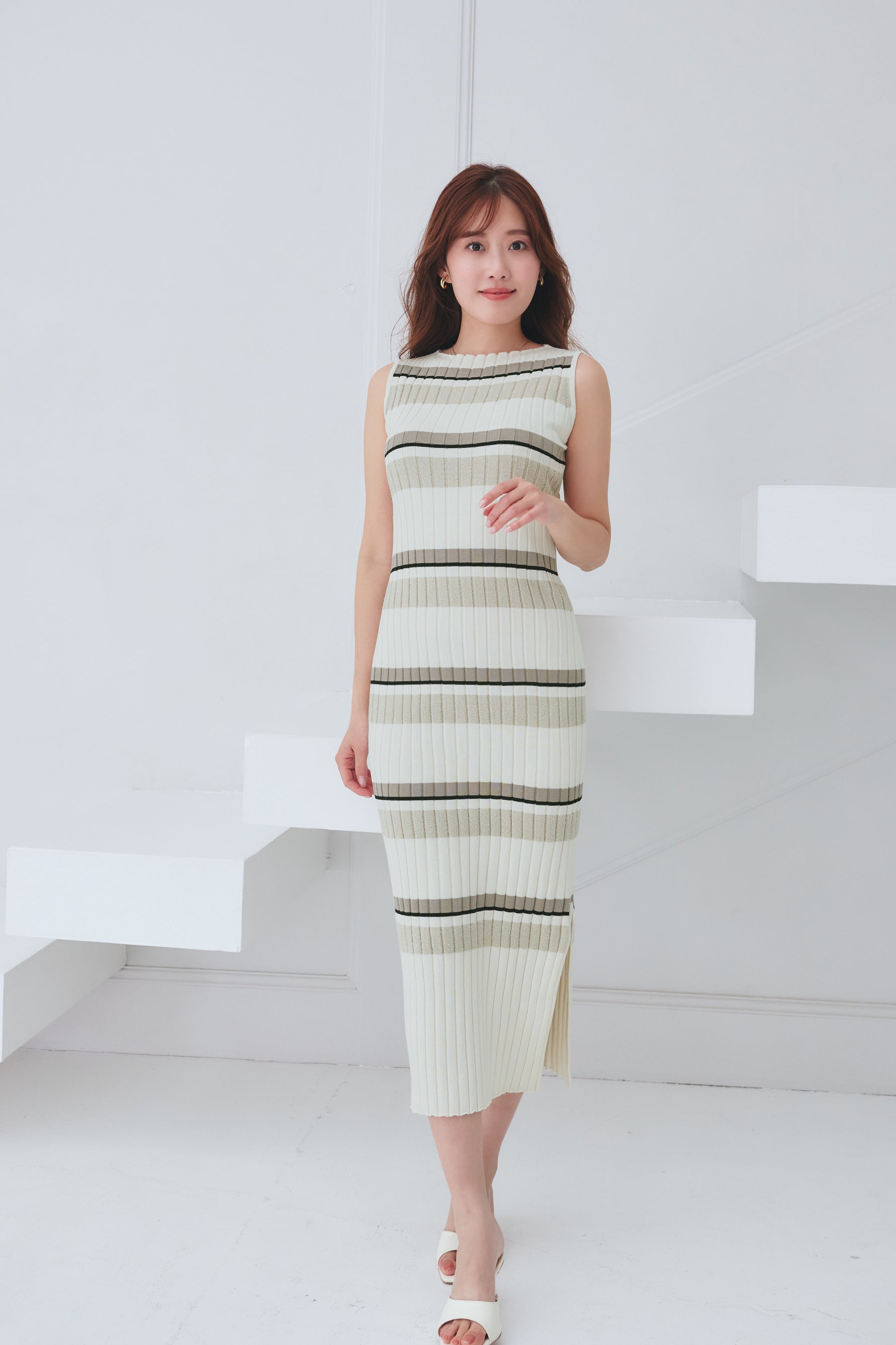 新色】Cotton Striped Ribbed Knit Dress