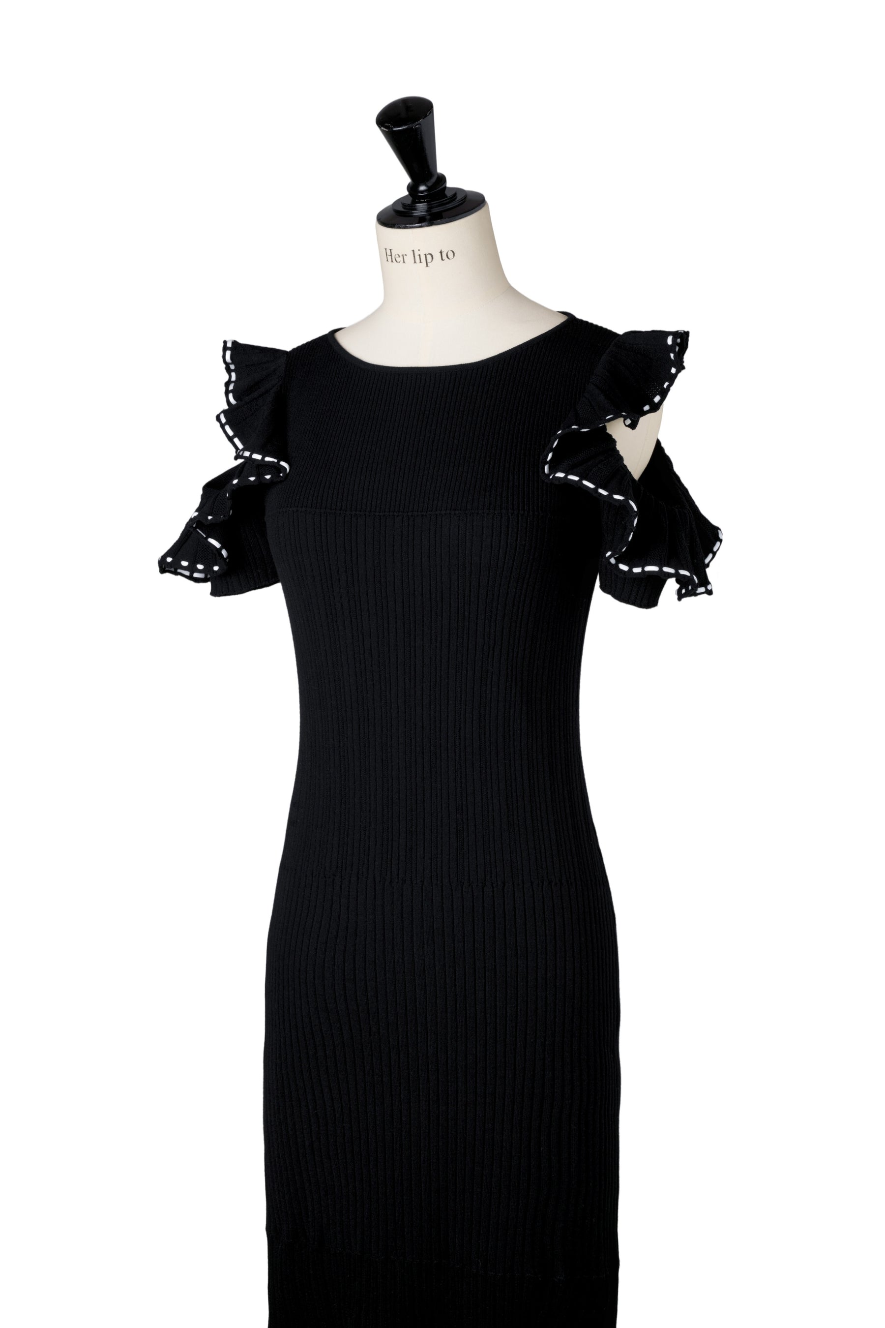 FOR HER］【6月上旬発送】Stitch Frill-Shoulder Knit Dress