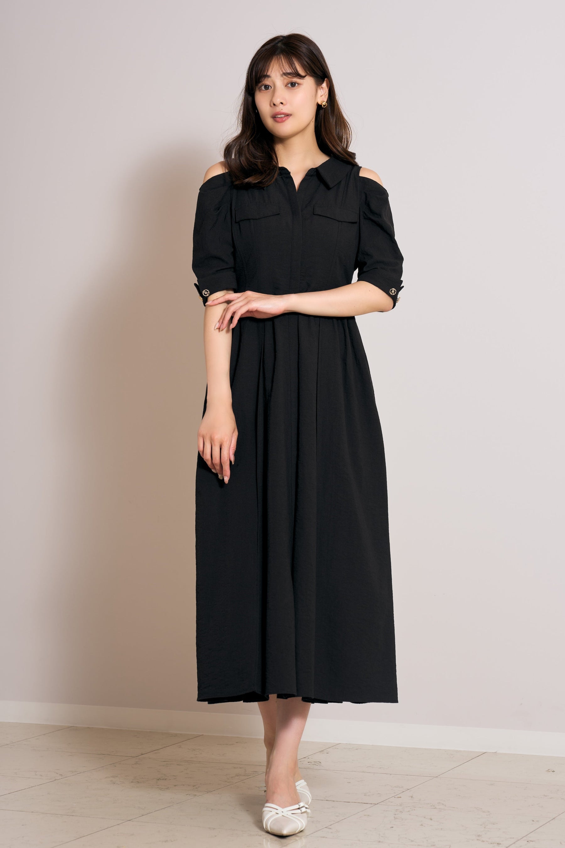 Open Shoulder Tuck Shirt Dress