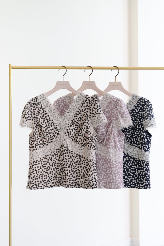 Cherry Pattern Lace Trim Top