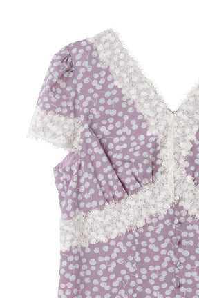 Cherry Pattern Lace Trim Top