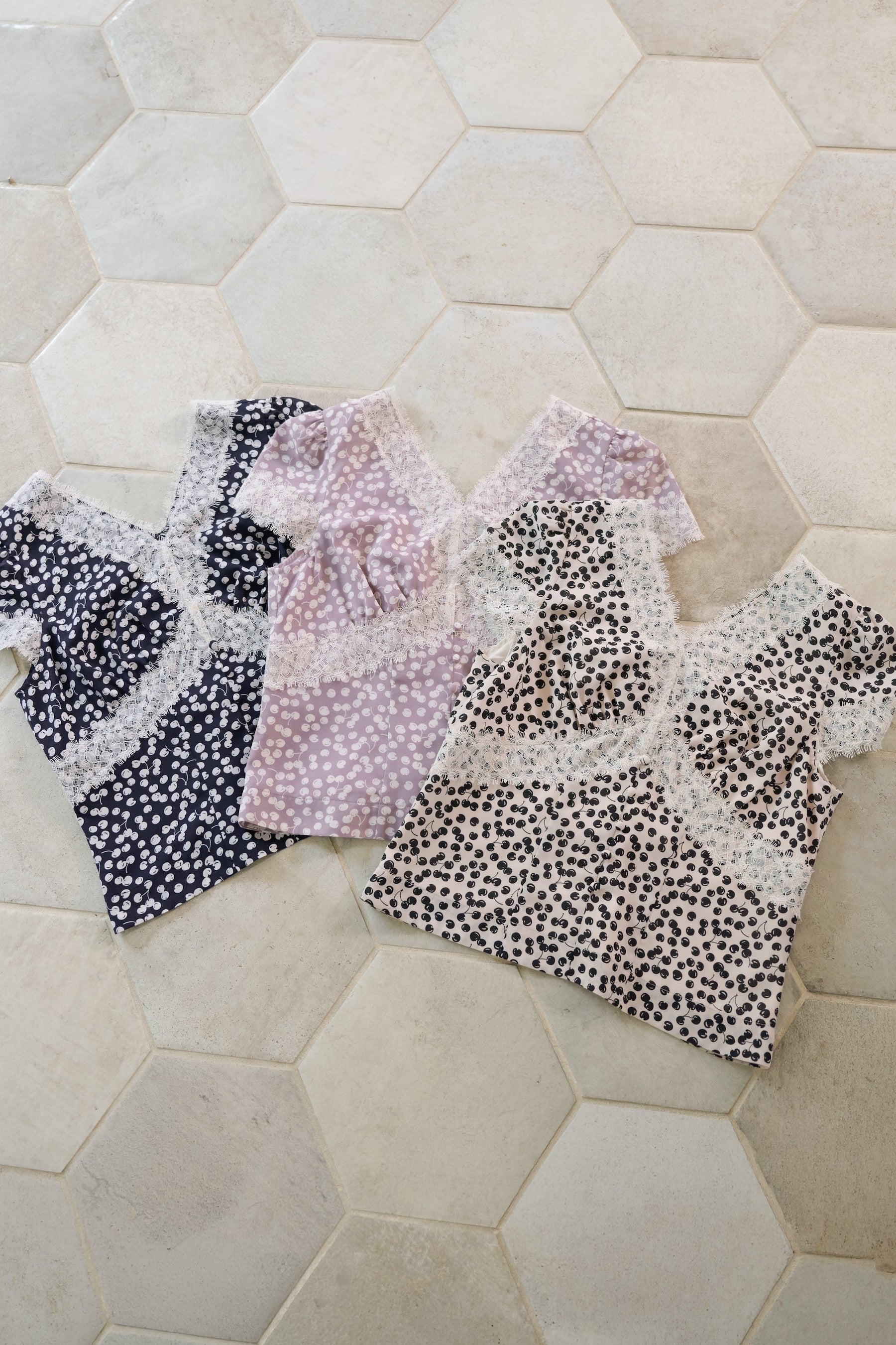 Cherry Pattern Lace Trim Top