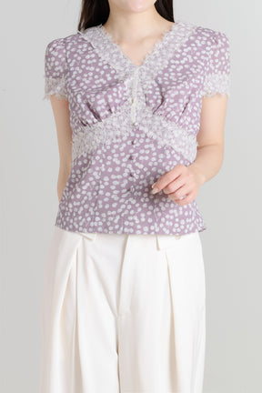 Cherry Pattern Lace Trim Top