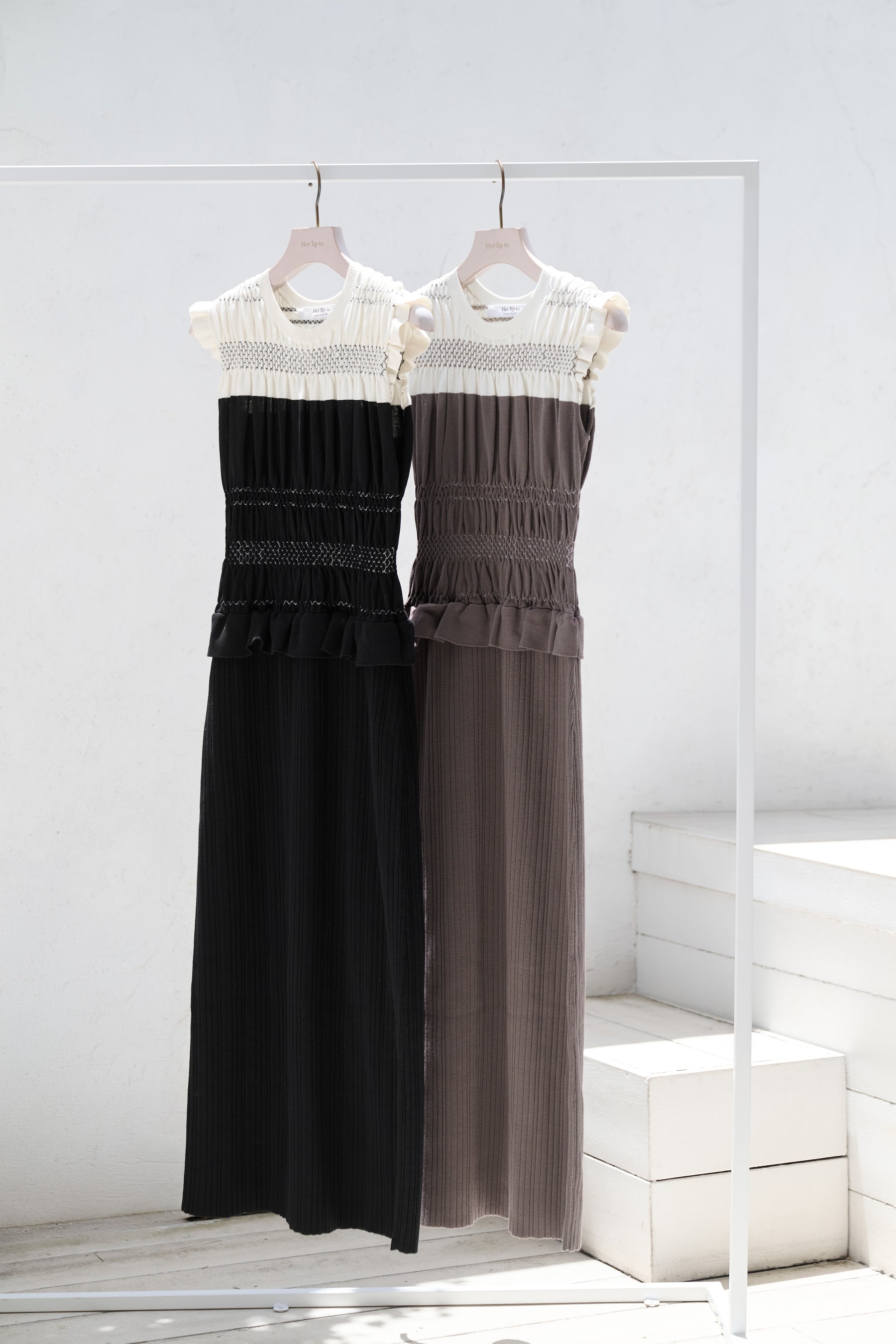 Two-Tone Gathered Knit Dress