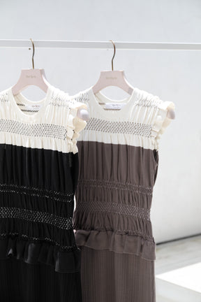 Two-Tone Gathered Knit Dress