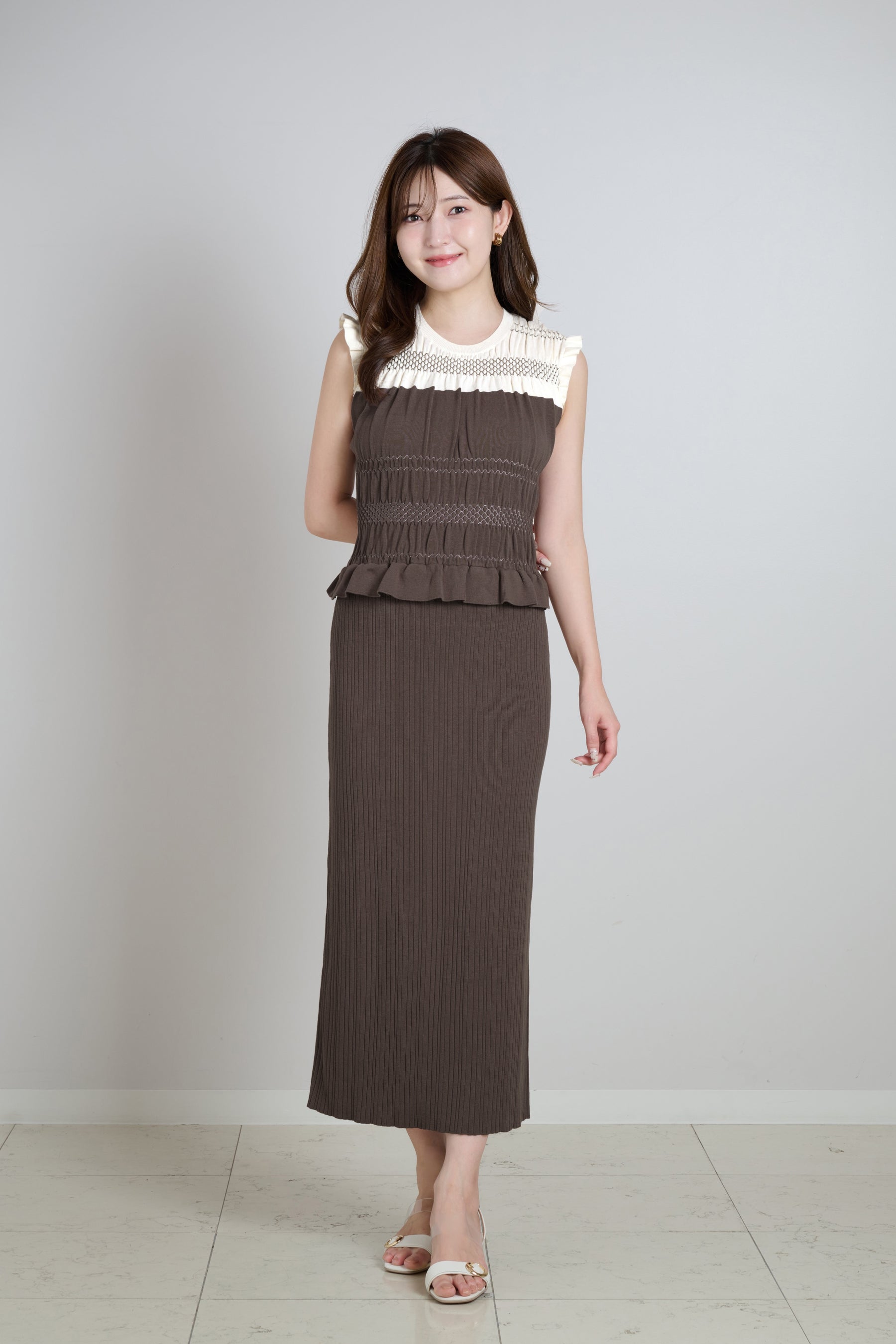 Two-Tone Gathered Knit Dress