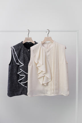 Asymmetric Tweed Frill Top