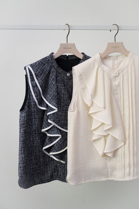 Asymmetric Tweed Frill Top