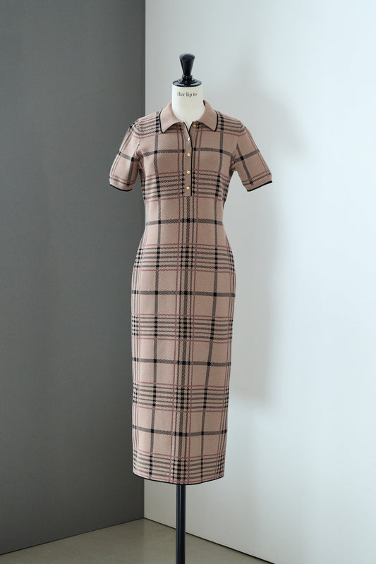 Gold-Buttoned Plaid Knit Dress
