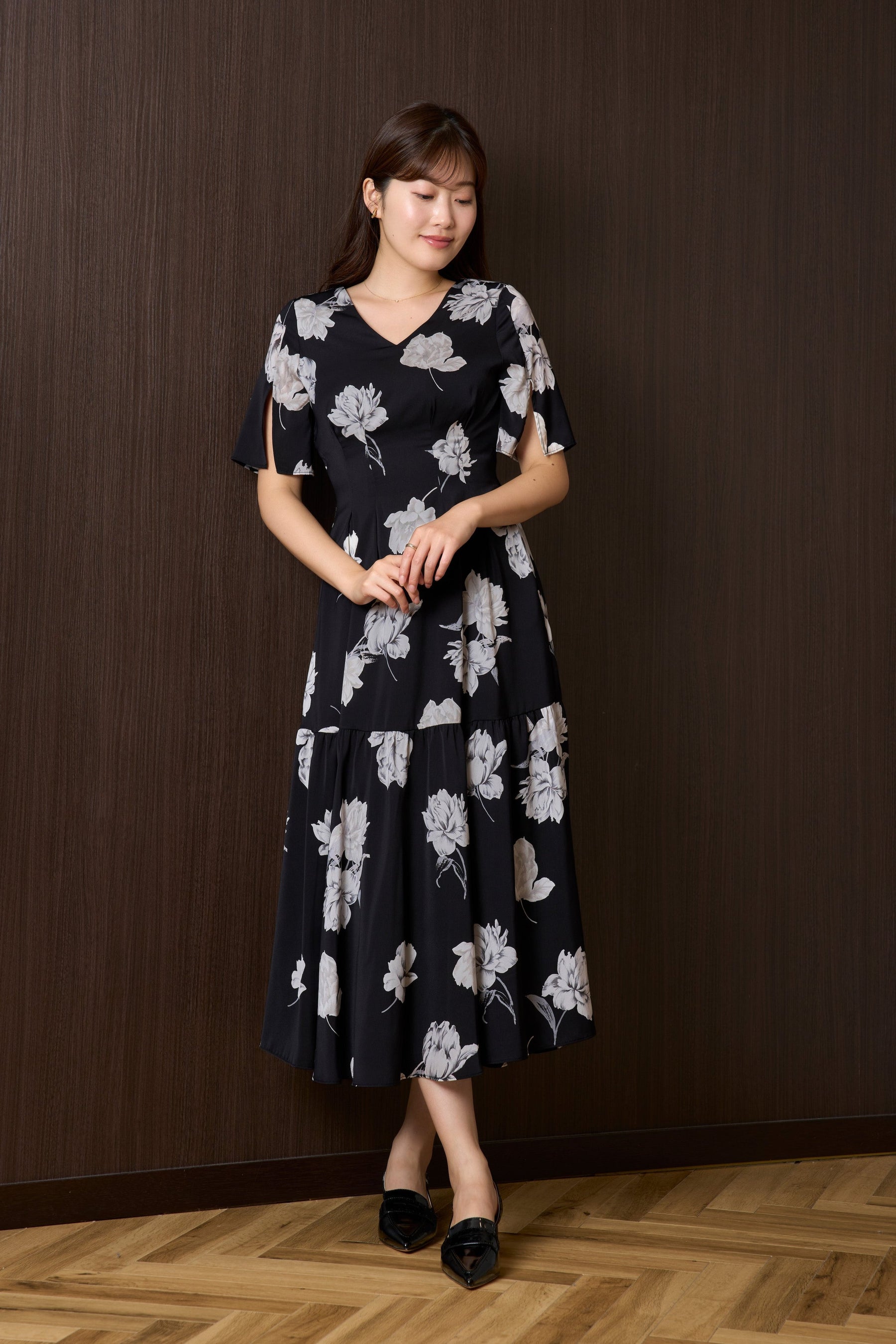 Monochrome Peony Satin Dress