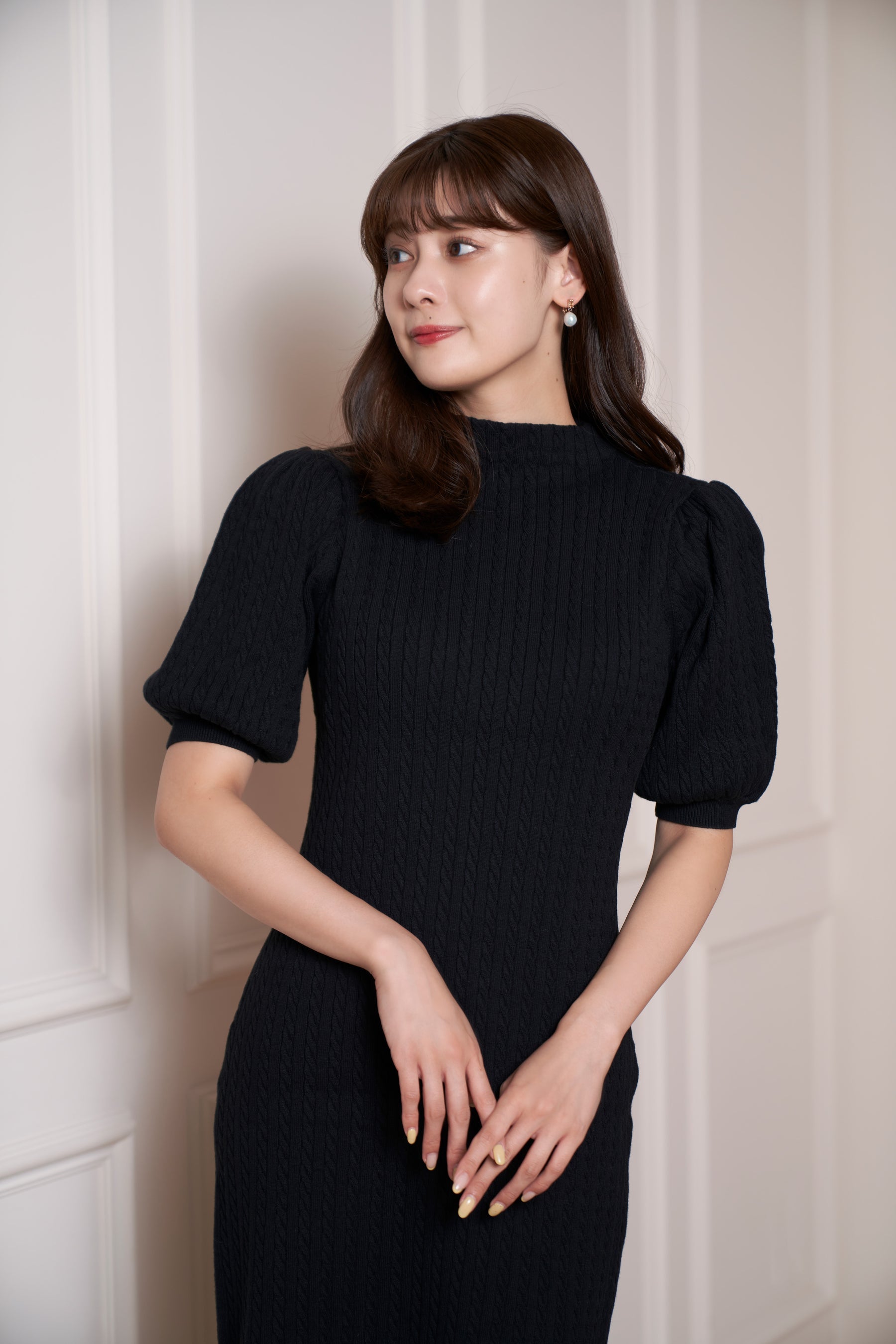 herlipto Puff Sleeve Cable Knit Dress