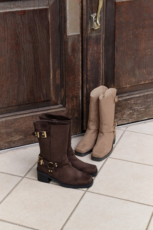 Square-Toe Double-Buckle Boots