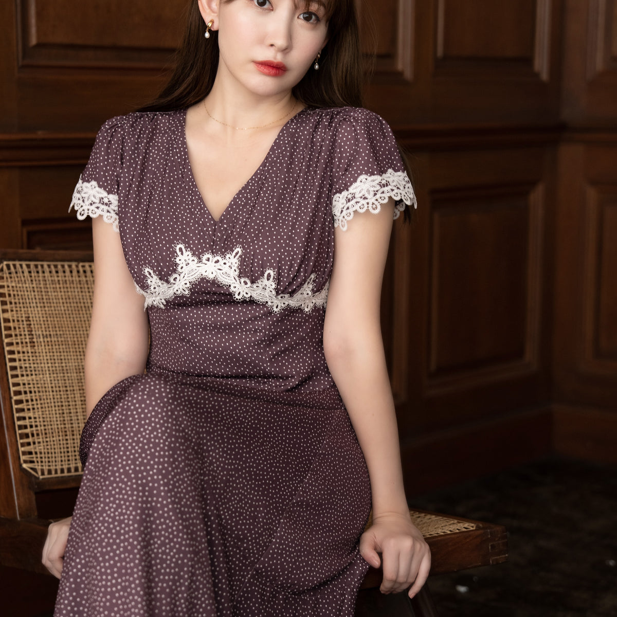 ワンピース Her lip to polca dot dress Polka-Dot Lace-Trim Dress