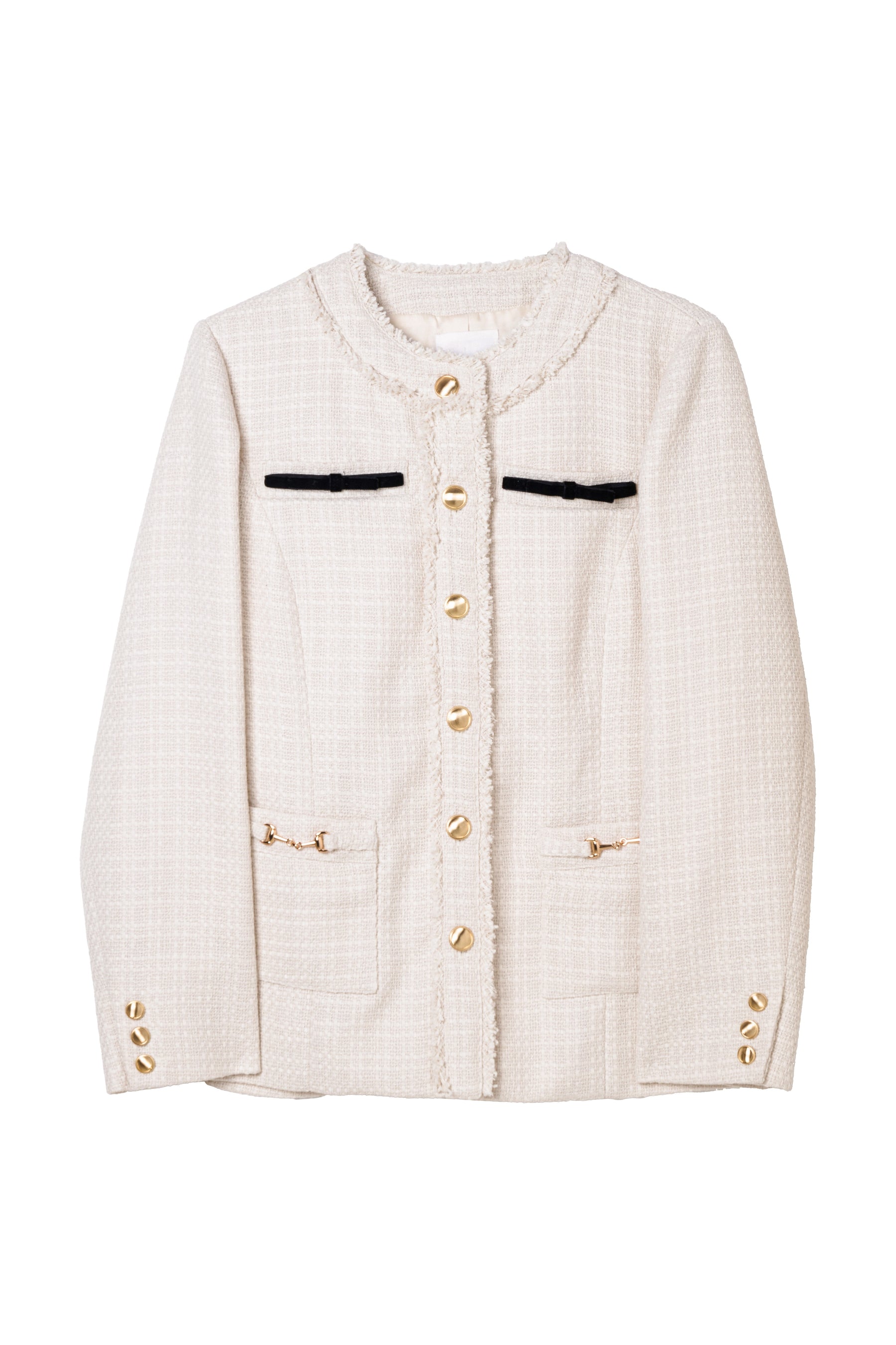 Ribbon-Pocket Long Tweed Jacket