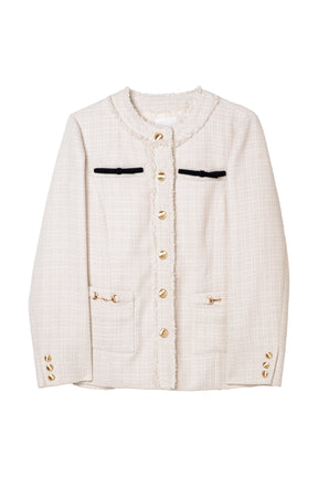 Ribbon-Pocket Long Tweed Jacket