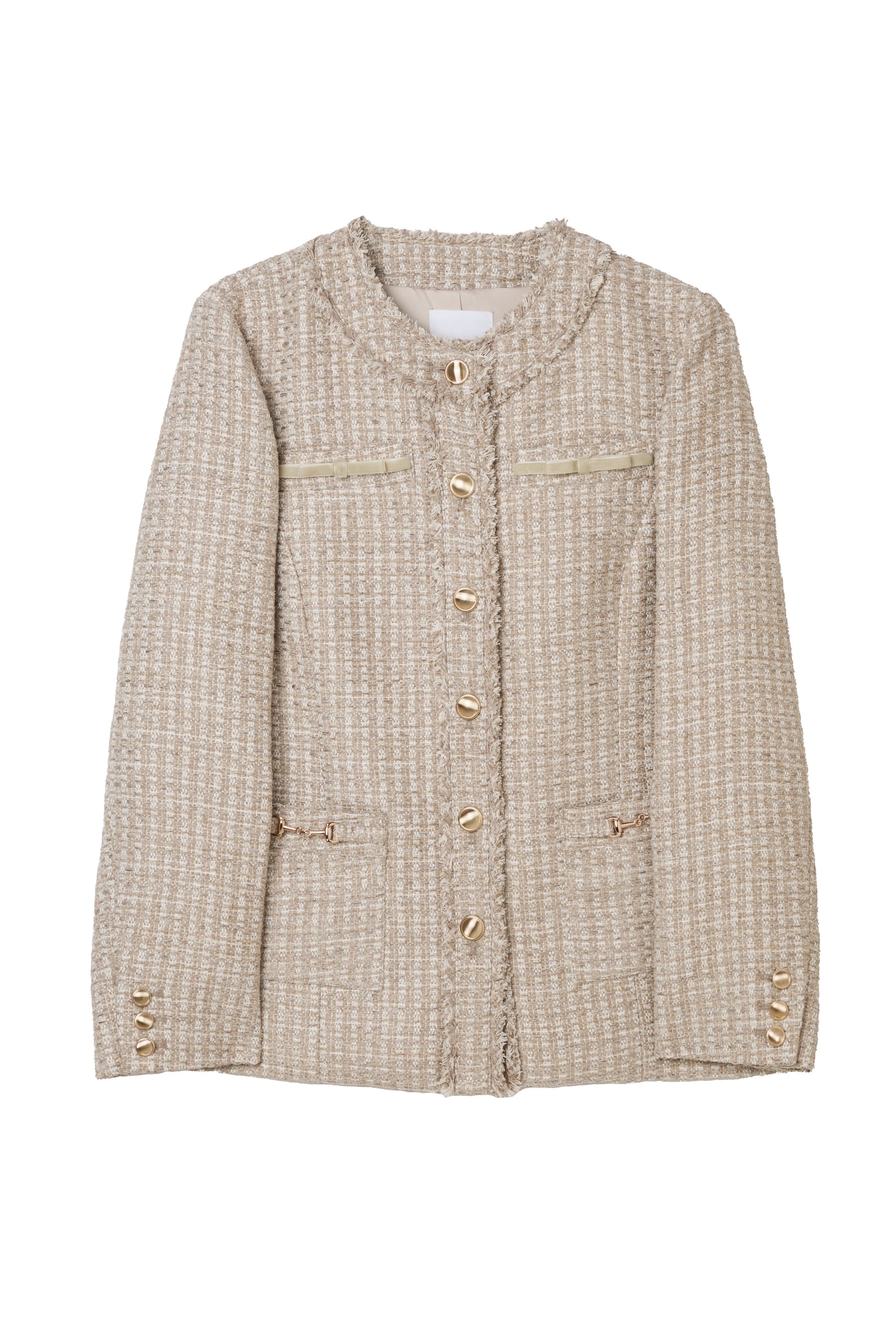 Ribbon-Pocket Long Tweed Jacket