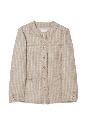 Ribbon-Pocket Long Tweed Jacket